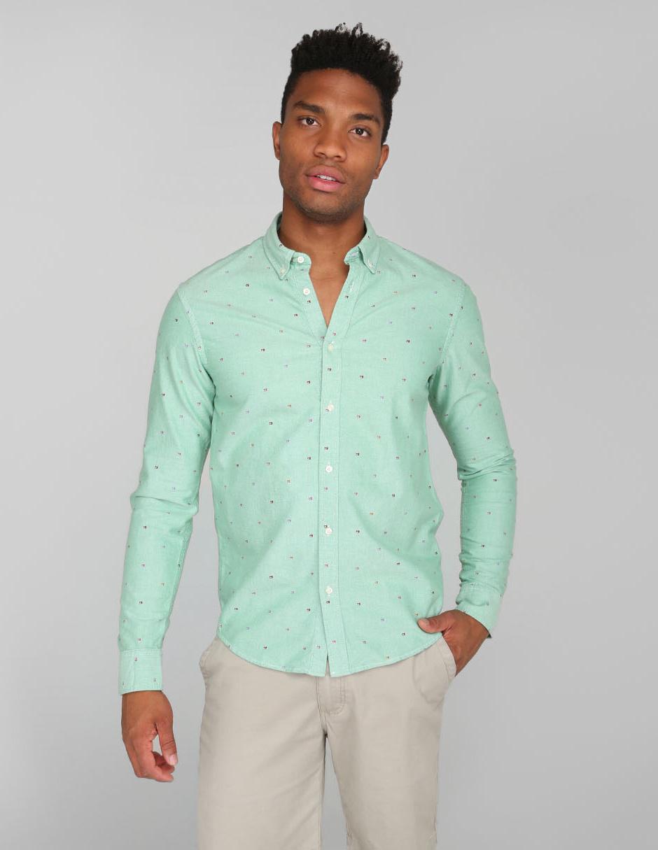 Camisa casual Scotch & Soda corte regular fit verde agua con diseño gráfico