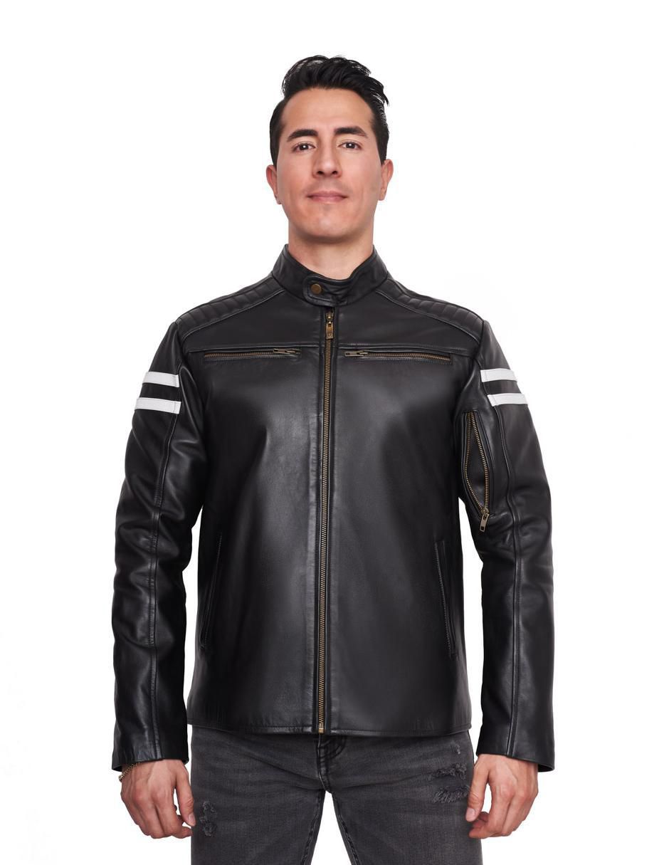 Chamarra para motociclista de piel con bolsillos para hombre Chamarra para motociclista de piel con bolsillos para hombre