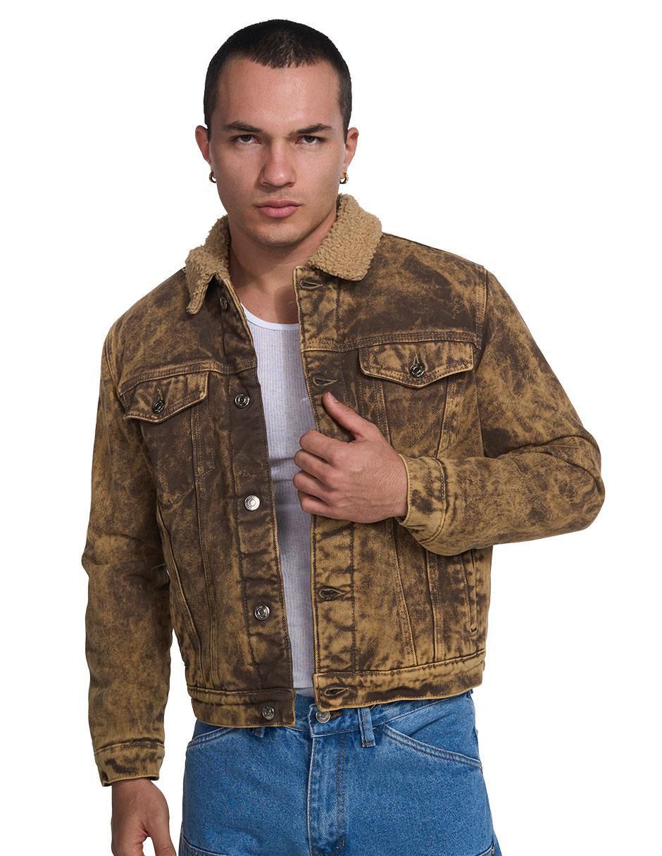 Chamarra Denim Borrego de Mezclilla con bolsillos para hombre
